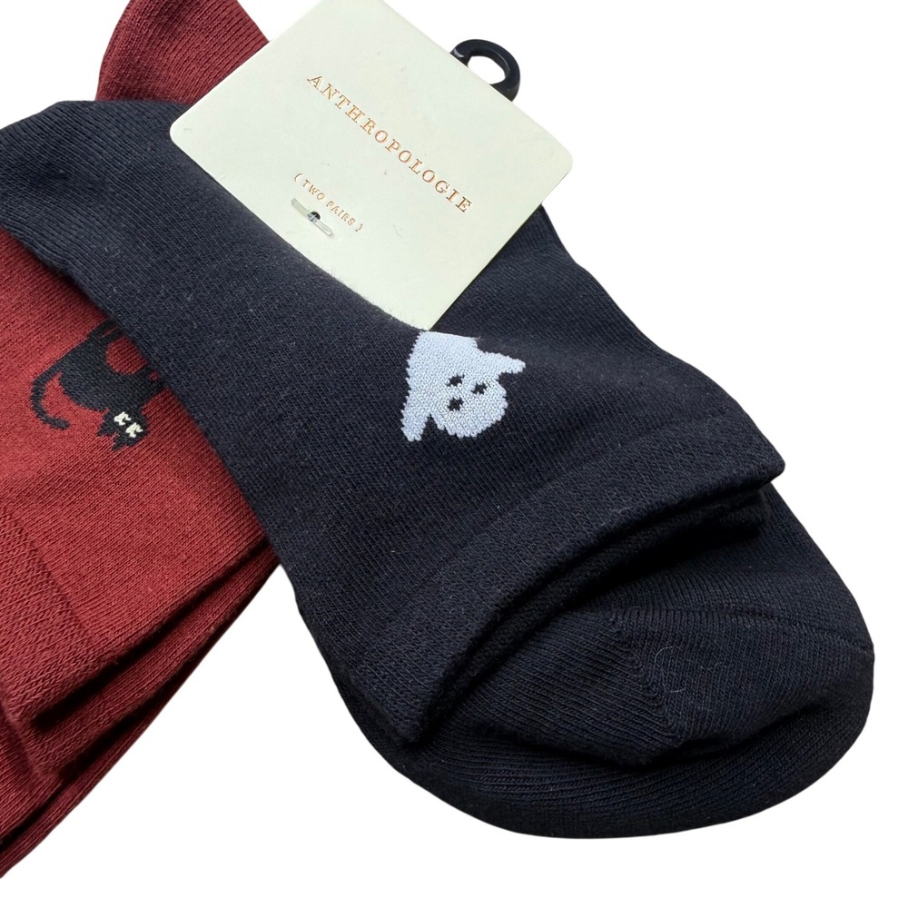 Anthropologie Halloween Socks Women OS Black Burgundy Ghost Cat 2-Pack Spooky